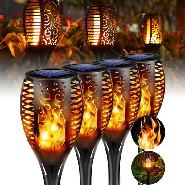 4-pak solcellefakkel lanterne med flammende lys sort black