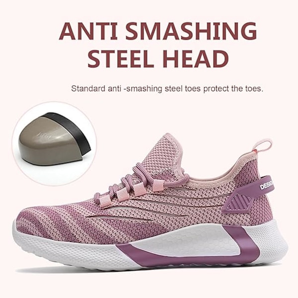 Sikkerhetssko Dame Lettvekt Ståltåhette Beskyttelse Sikkerhetssneakers Komfortable Pustende Arbeidssko 38.5 EU Rosa Pink 38.5 EU