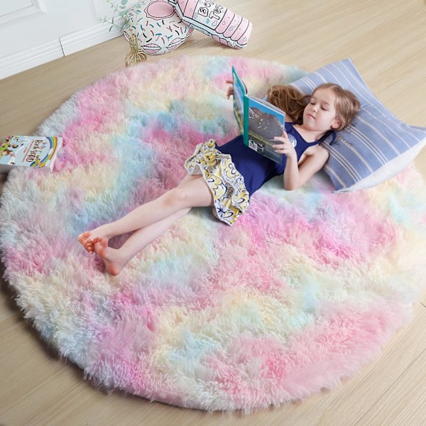 Regnbue Fluffy Tepper for Jenterom 120cm, Enhjørning Romdekor, Pastell Rundt Teppe for Barn, Shaggy Teppe for Barnerom, Myk Lekematte