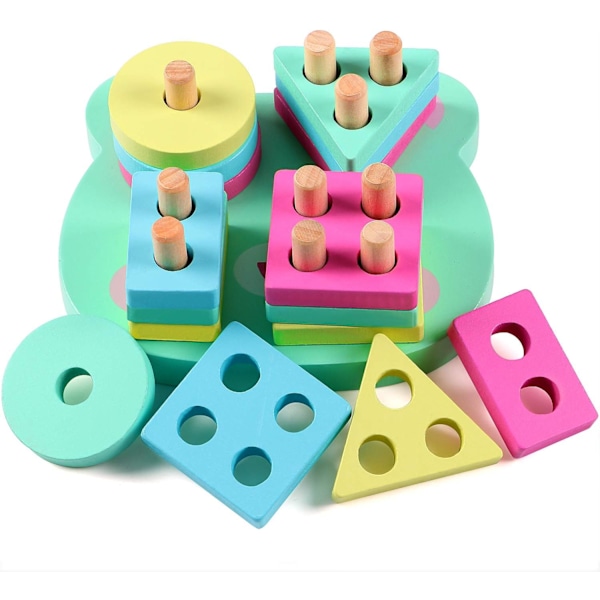 Geometriske stableleker i tre, farger og formsortering -XM2-