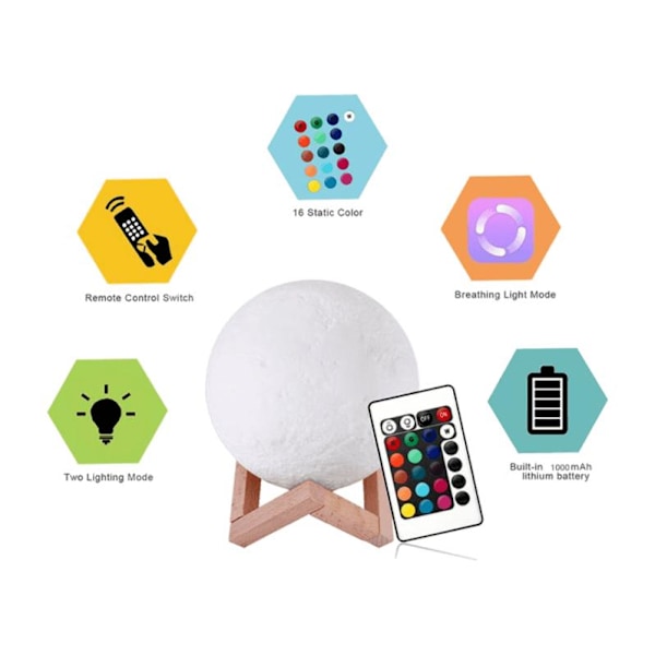 3D LED Månlampa - Nattlampa - Månsken - 15 cm white