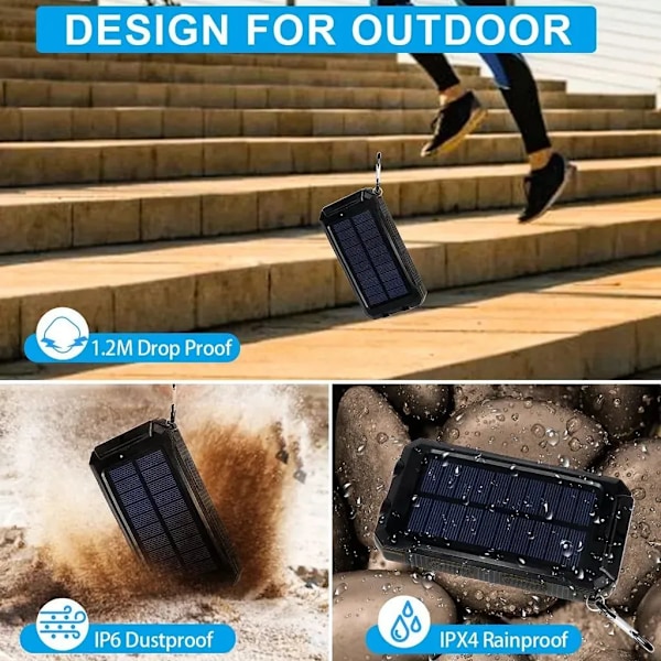 Solar Powerbank, 20000mAh Vattentät Solcellsladdare USB Externt Batteri med 2 Utgångar för Surfplattor och Mer, med Ficklampa och Kompass