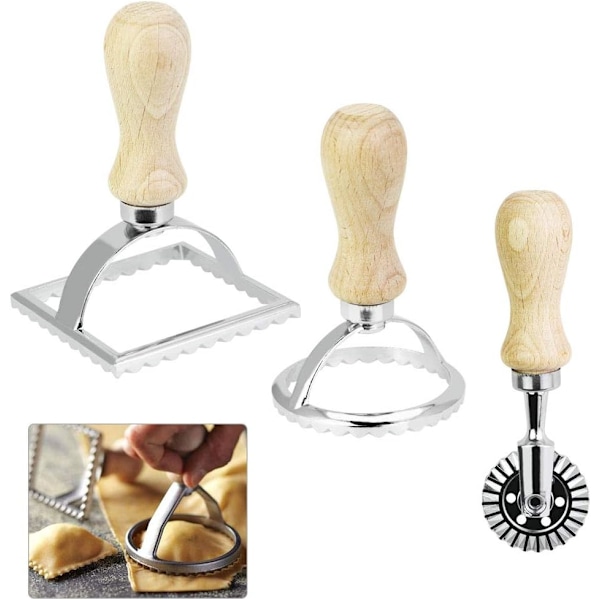 Ravioli-presse, kjevle, kakeformer, preget firkantet form, deig
