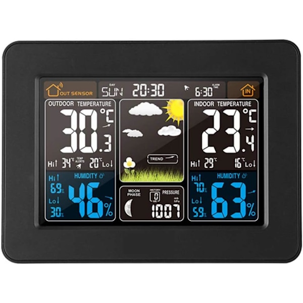 Digital väderstation med färgdisplay och temperatur