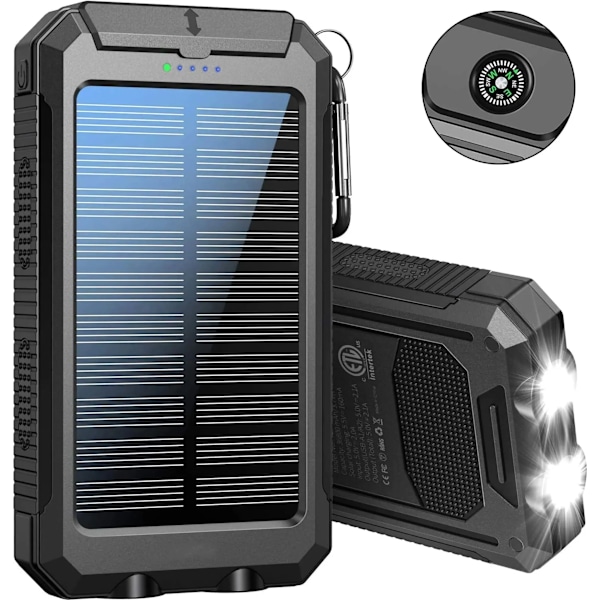 Aurinkopaneeli Powerbank, 20000mAh Vedenkestävä Aurinkovaraaja USB Ulkoinen Akku 2 Ulostulolla Tableteille ja Enemmän, Taskulampulla ja Kompassilla