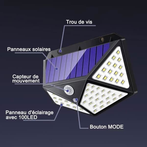 Pakke med 100LED 2200mAh Udendørs Solcellelampe 3 Tilstande - AUDBURN - Sort - Bevægelsessensor