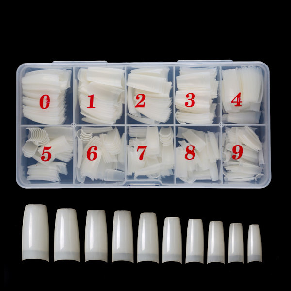 500 stk Negletips i Eske for Manikyr Fransk Semi-Nagel Klebende Full Dekning Negletips Natural Color