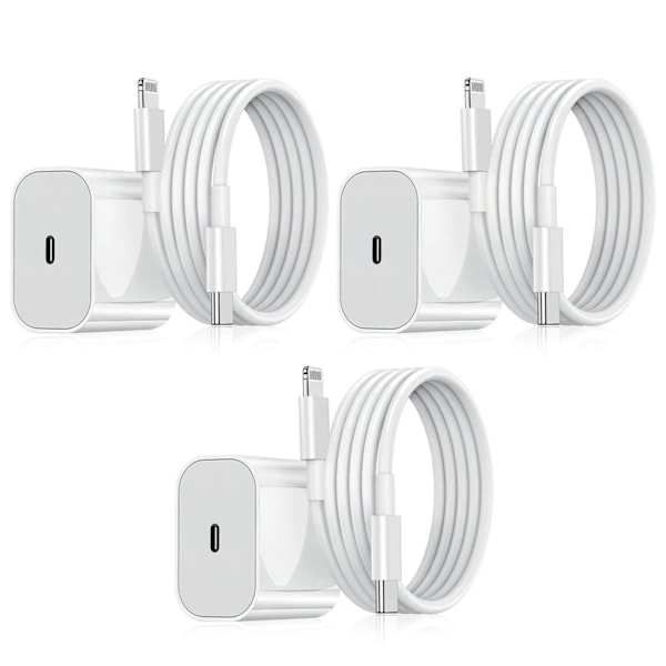 Laddare för iPhone - Snabbladdare - Adapter + Kabel 20W USB-C Vit White 3-Pack iPhone