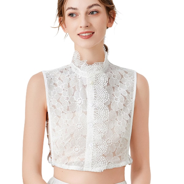 Naisten ontto pitsikirjailu tekokaulus tyylikäs röyhelöinen puolipaita pusero valkoinen kukkakoristeinen irrotettava Dickey Crop Top-KK1-