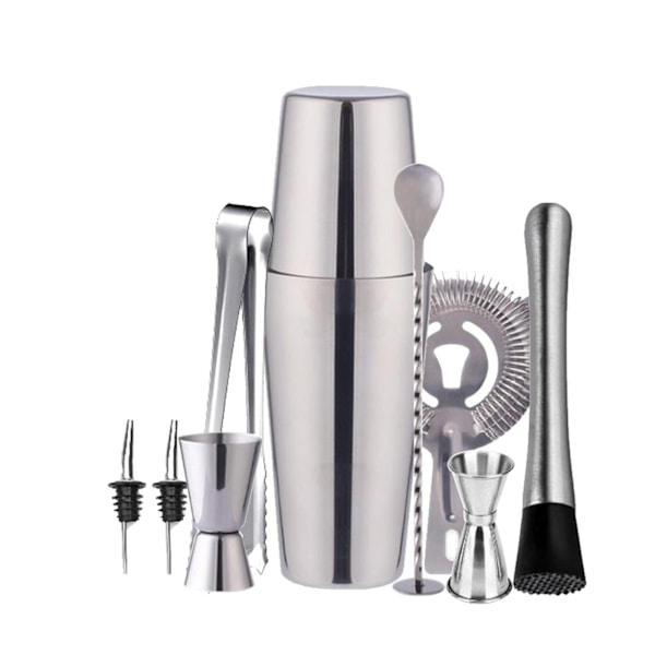 INF Cocktail sæt Dobbelt shaker 750ml Rustfrit stål Sølv 10 dele -XM4-