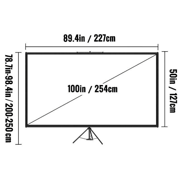 VEVOR 100\" Projektorlerret med stativ - 16:9 HD - 4K - 160° - Polyester - Aluminiumlegering