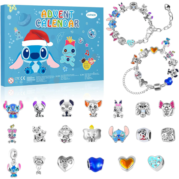 Adventskalender 2024 Flickor, 24 Dagar Julkalender med 2 Armband och 22 Unika Cartoon Charm-Pärlor, Julgåvor för Barn Tonåringar