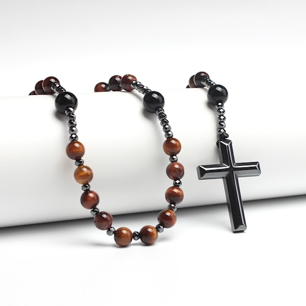 Luonnollinen pyöreä helmi pitkä ketju musta hematiitti risti radban-KK1- Red Tiger Eye