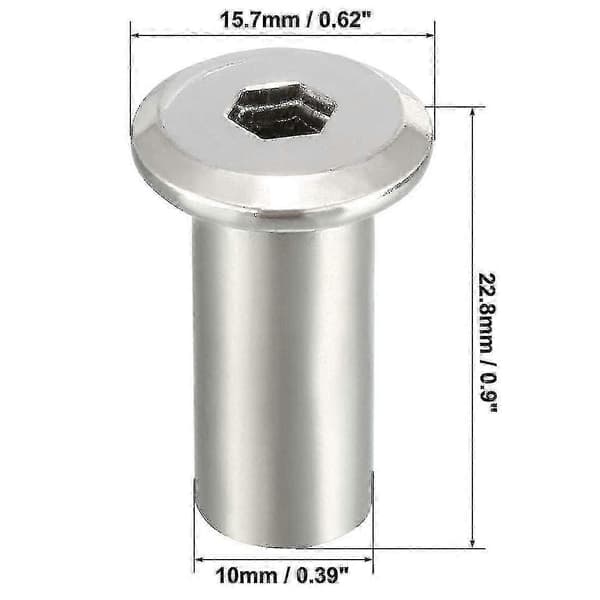 M8x20mm hylsemutter for flatpakkede møbelforbindelser, sekskantet hode 10 stk