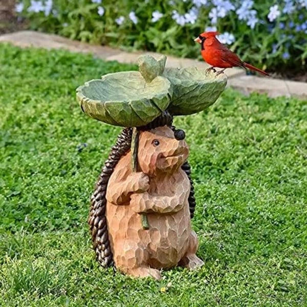 Udskåret Pindsvin Fuglebad Dyrestatue Udendørs Fuglefoder Resin