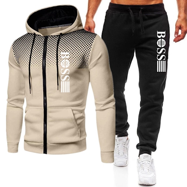 BOSS Miesten Tracksuit 2-osainen Huppari Pitkähihainen Vetoketjullinen Takki Casual Jogginghousut Sweatsuit Set Khaki-Musta Khaki-Black S