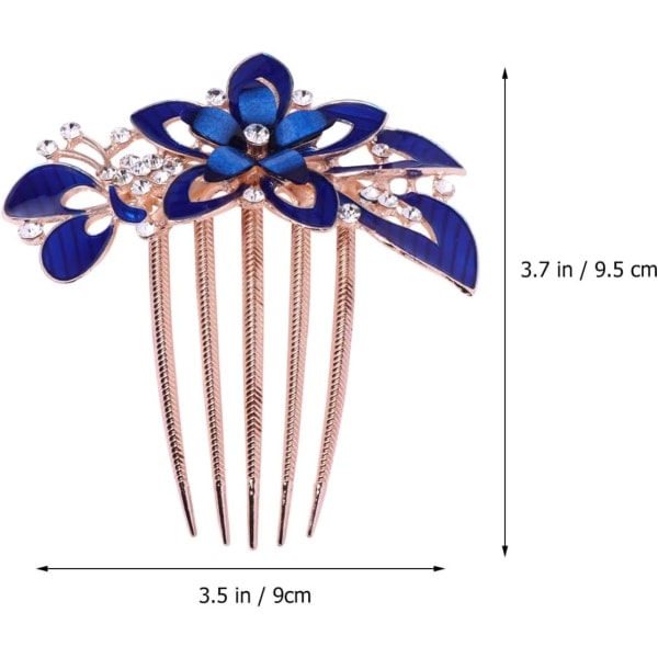Blomster Brud Hårsida Kam Rhinestone Brudkam Barrette Bröllopshår Tillbehör för Kvinnor (Mörkblå)