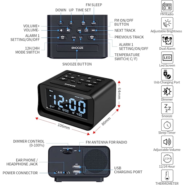 Klokkeradio med dobbel alarm, digital vekkerklokke med 2 USB-ladeplasser, 0-100 % dimbar, justerbar volum, innendørs termometer (svart)