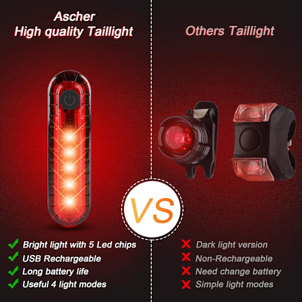 USB-oppladbart LED-sykkelbaklys 2-pakning, kraftig sykkelbaklys for sykkelsikkerhet