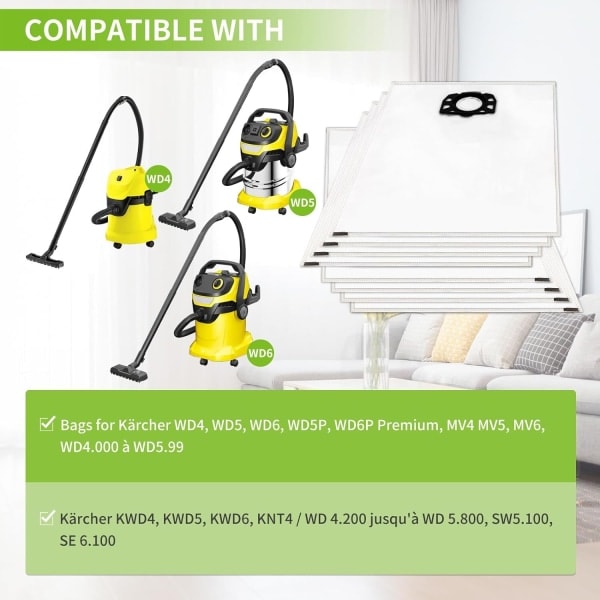 10 kpl pölynimupussit Karcher WD4 WD5 WD6 MV4 MV5 MV6 imureille