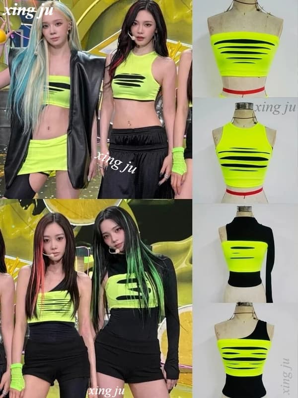 Fluorescerende Grøn Hulvest til Kvinder, Stram Kort Croptop, Scenekostume til Dans Shorts M