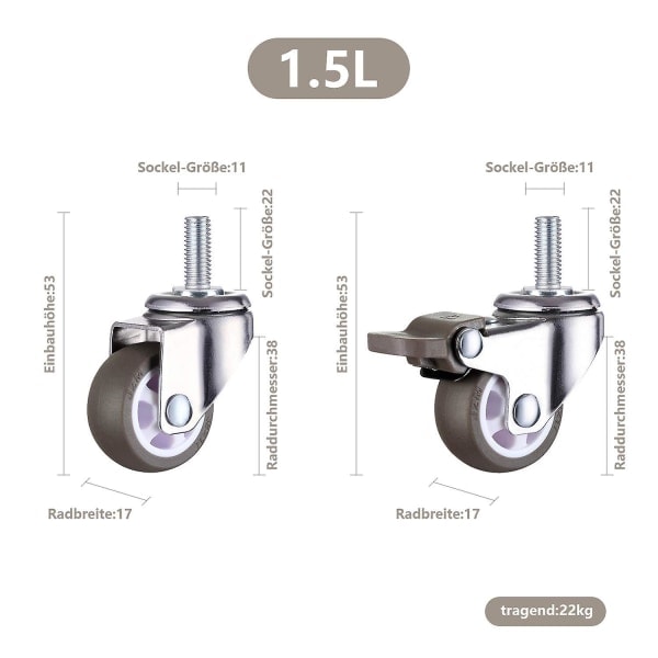 M8 Gængede Spindelhjul Robusta Svinghjul til Vogn, Arbejdsbord, Møbler, 1,5 tommer, Gængdiameter: 8 mm, Længde 20 mm, 2 stk