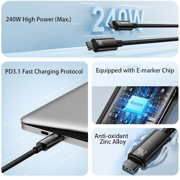 Baseus 2m 240W USB-C - USB-C Kabel Tungsten Gold Series Sort