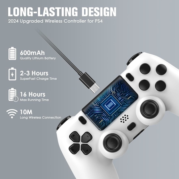 Trådlös handkontroll 2-pack för PS4/Slim/Pro, handkontroller för PlayStation 4 med dubbel vibration/3,5 mm ljud/laddningsport och 2 st kablar, vit white
