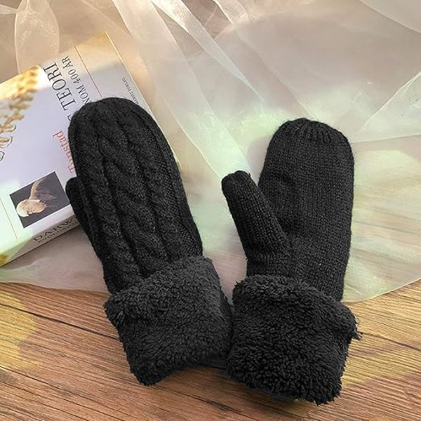 Vinterhandskar för damer, stickade termiska handskar med plyschfoder