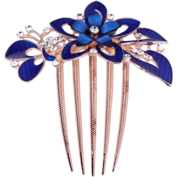 Blomster Brud Hårsida Kam Rhinestone Brudkam Barrette Bröllopshår Tillbehör för Kvinnor (Mörkblå)