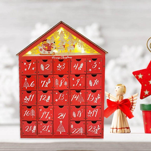 Stor Återanvändbar Trä Adventskalender med Belysning och 24 Lådor 1200
