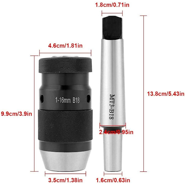 1-16mm Kapasitet 45# Stål Selvstrammende Nøkkelløs Borchuck med MT3-B18 Konisk Skaft Mast Verktøy