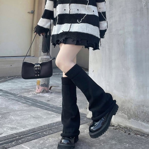 Kawaii Benvärmare för Kvinnor Japansk Stil Kawaii Virkad Ribbad Manschett Benstrumpor för Yoga Löpning Vandring Klockformad Mun Svart