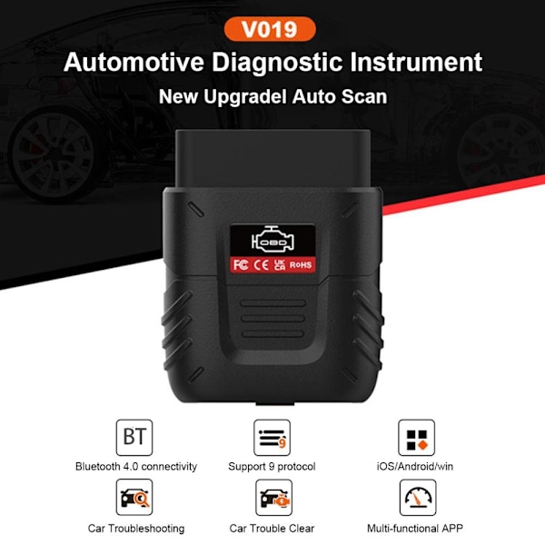 V019 OBD 2 for Diagnostikk Bluetooth Feilkode Dekoder Feilkodeleser for Bil Black Svart
