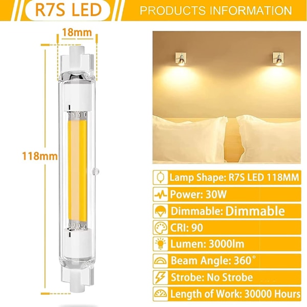 2 st R7s 118mm LED-lampa 30w dimbar, varmvit 3000k, flimmerfri