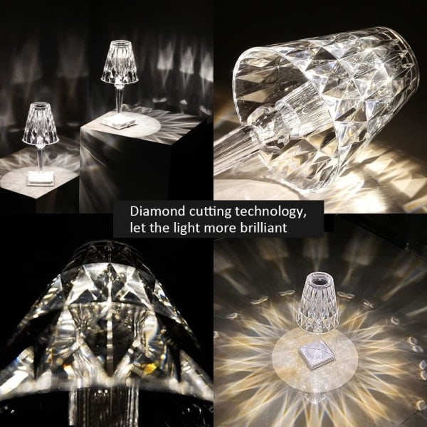 IC Kristallampa, sladdlös lampa, färgskiftande touchlampa, uppladdningsbar diamantbordslampa för vardagsrum, sovrum, festmiddag (3 färger)