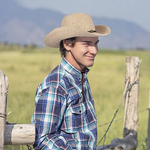 Läntinen cowboy-hattu (narulla) naisille ja miehille, kokoontaitettava kesäinen aurinkohattu, olkihattu leveällä reunalla, beige