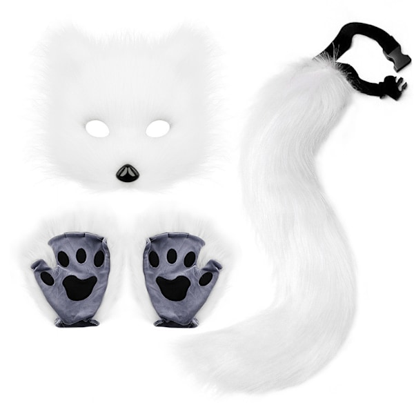 Therian Paws Furry Maske & Hale Sett Flickig Kattmasker Halloweenfest Kostyme White