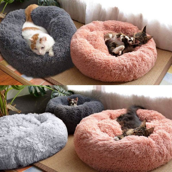 Queta Katteseng, Vakker Dyreseng, Liten Hundeseng Kjæledyrseng Plysj Myk Rund Katteseng (50cm) rutete grå plaid grey Diameter 50 cm