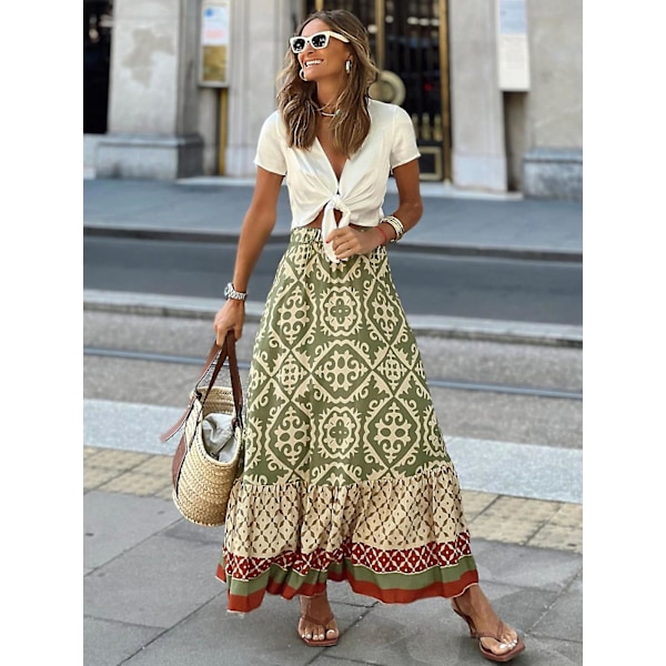 Jastie Boho Retro Blommönstrad Kjol Dam 2023 Sommar Hög Midja A-linje Plisserad Lång Kjol Casual Semester Strandkjol Army Green-KK2- Army Green S