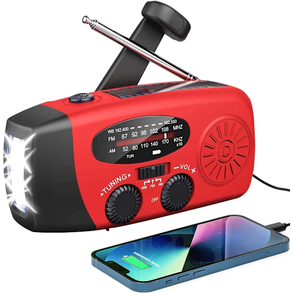 Hold forbindelsen og vær forberedt med vores solcellevejrradio - håndsving, AM/FM, LED-lommelygte - batteribackup, 2000mAh powerbank til smartphones-KK1- red