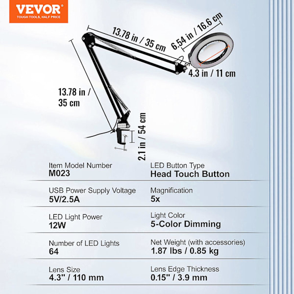Forstørrelsesglas med lys og stativ, 5x forstørrelseslampe, til tæt arbejde, læsning, reparation, håndværk
