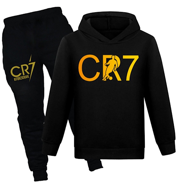 CR7 Ronaldo Barn Pojkar Casual Träningsdräkt Fotboll Hoodad Tröja Träningsbyxor Pullover Outfit Svart Svart 1993