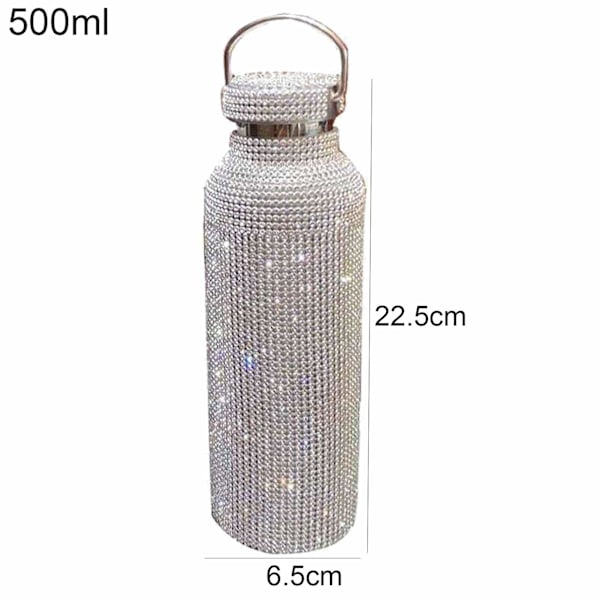 Timanttivesipullo, ruostumattomasta teräksestä valmistettu eristetty vesipullo, kimallevesipullot uudelleen täytettävät vesipullot naisille hopea (500 ml)