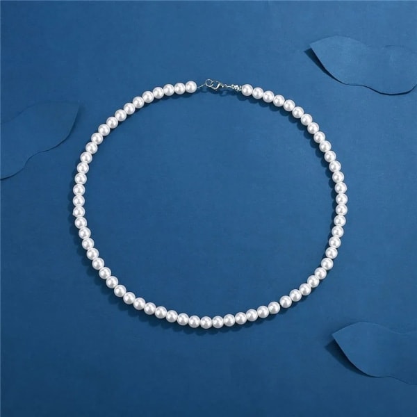 Vit Pärlhalsband Enkelt Lager 8mm Imitationspärlhalsband för Män (50cm)