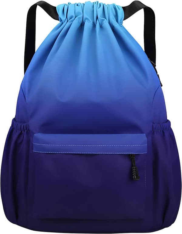 Drawstring Gym Bag, Large Drawstring Bags with Mesh Pockets, Waterproof Nylon Drawstring Bag, Drawstring Gym Bag Cyan