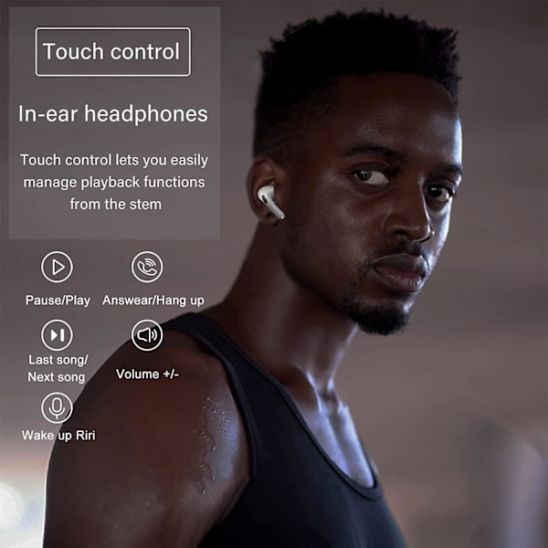 Bluetooth-hörlurar i örat, brusreducerande hörlurar för uppslukande ljud, trådlösa hörlurar med tydlig mikrofon, Bluetooth-sportlurar, trådlösa öronsnäckor med pekkontroller, för iPhone och Android