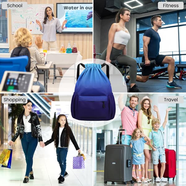 Drawstring Gym Bag, Large Drawstring Bags with Mesh Pockets, Waterproof Nylon Drawstring Bag, Drawstring Gym Bag Cyan