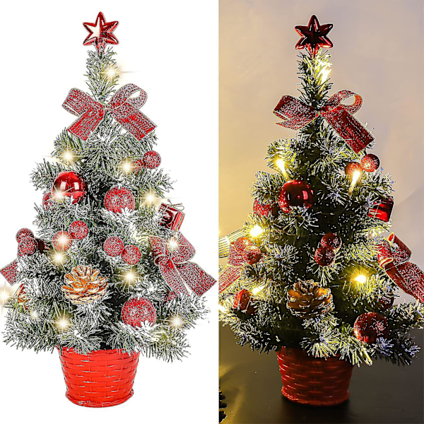 Mini Kunstig Juletræ, Lille Juletræ Med LED-Lys, Mini Bordtræ Dekoration Til Kontor, Bar, 40cm (Rød)