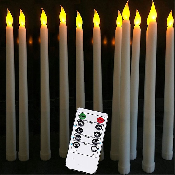 Set med 10 batteridrivna LED-ljus med fjärrkontroll, elfenbensfärgade konformade ljus med slät vaxfinish, varmvitt LED-ljus